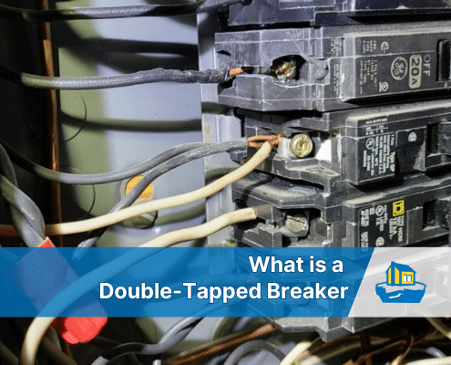 Photo of a double-tapped breaker with text "what is a double-tapped breaker" laid over the image