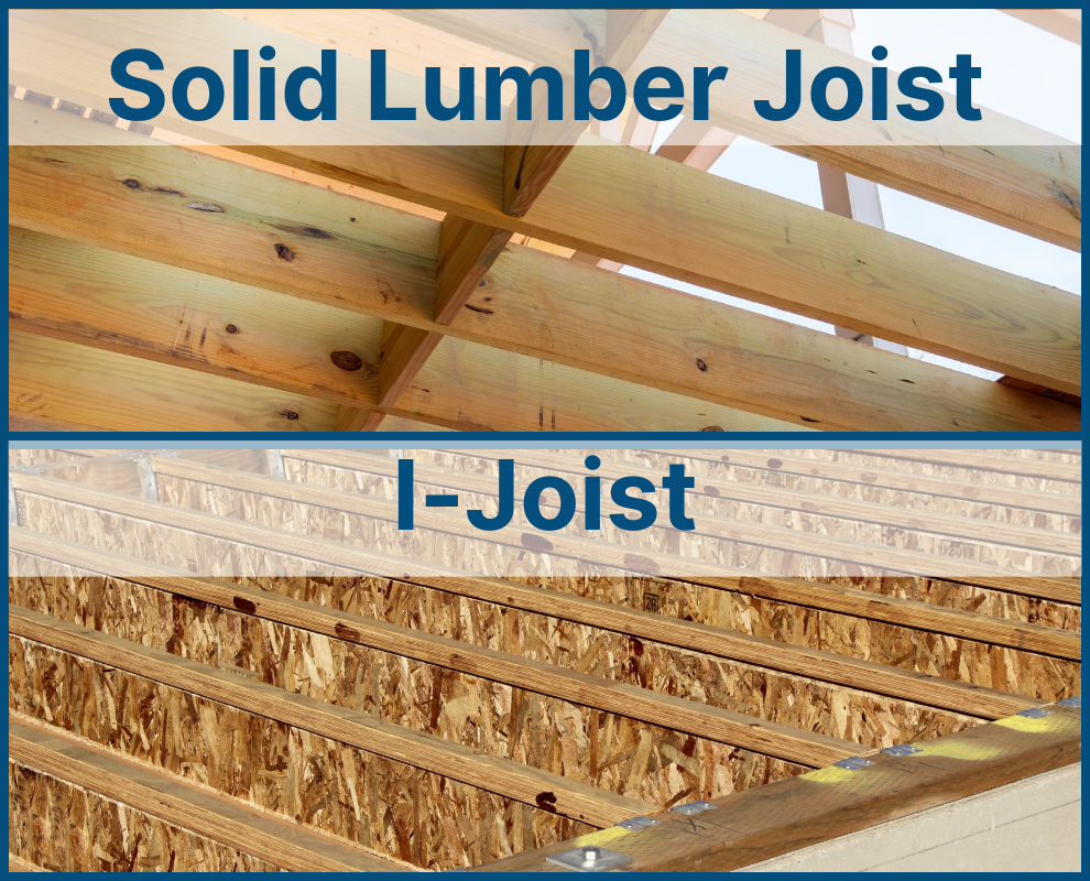 Comparison image demonstrating the visual differences between solid lumber joists and i-joists.