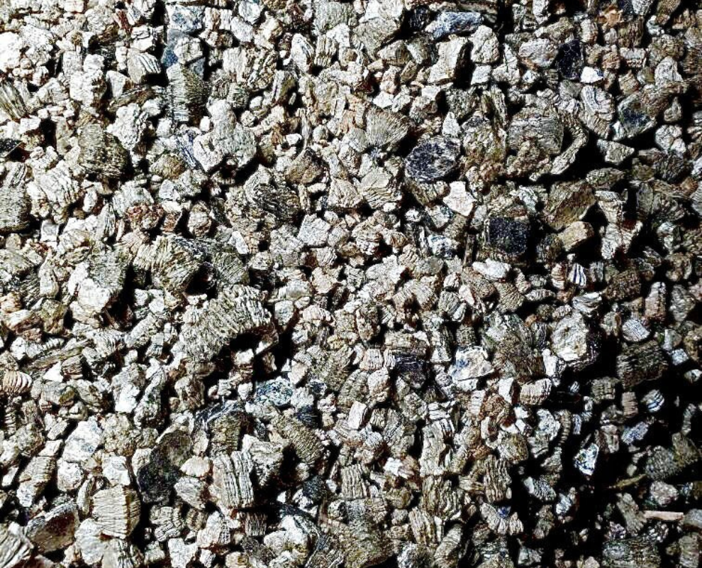 A detailed view of vermiculite, focusing on its surface characteristics, with a warning about possible asbestos contamination.