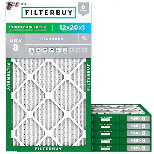 Filterbuy 12x20x1 Air Filter MERV 8 Dust Defense (6-Pack)